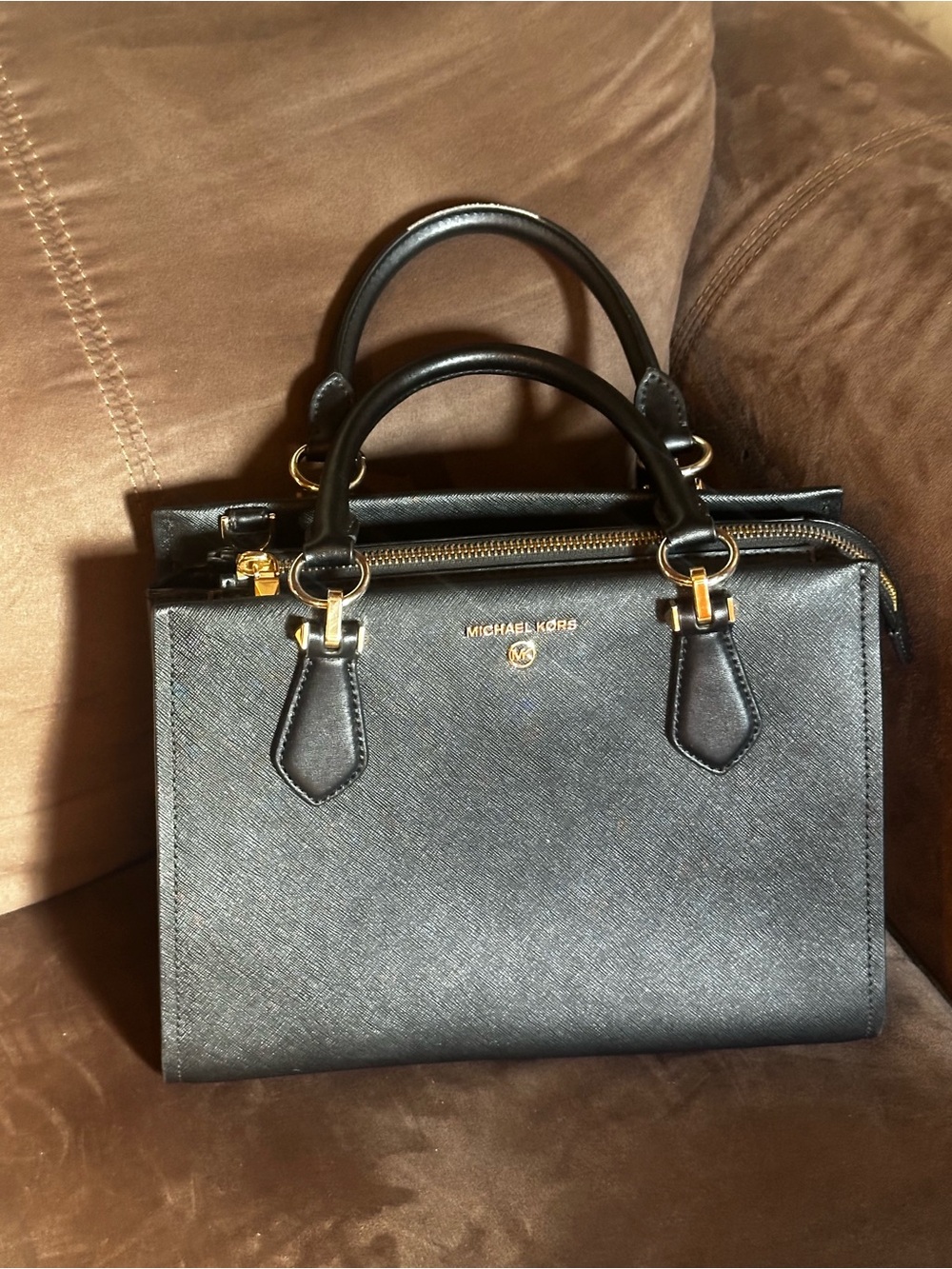 Michael Kors Black Saffiano Leather Satchel with Gold Hardware
